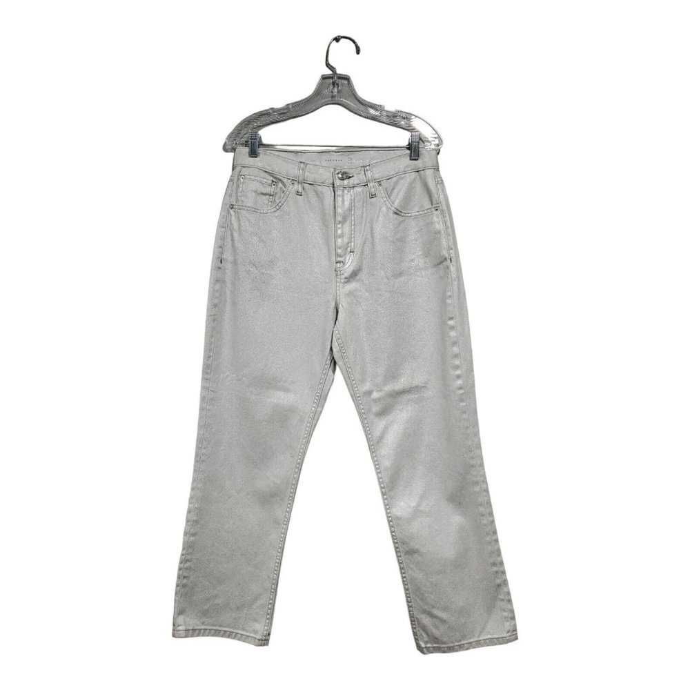 Topshop Women's High-Rise Silver Metallic Straight-Legged Jeans Size 32w X 32l